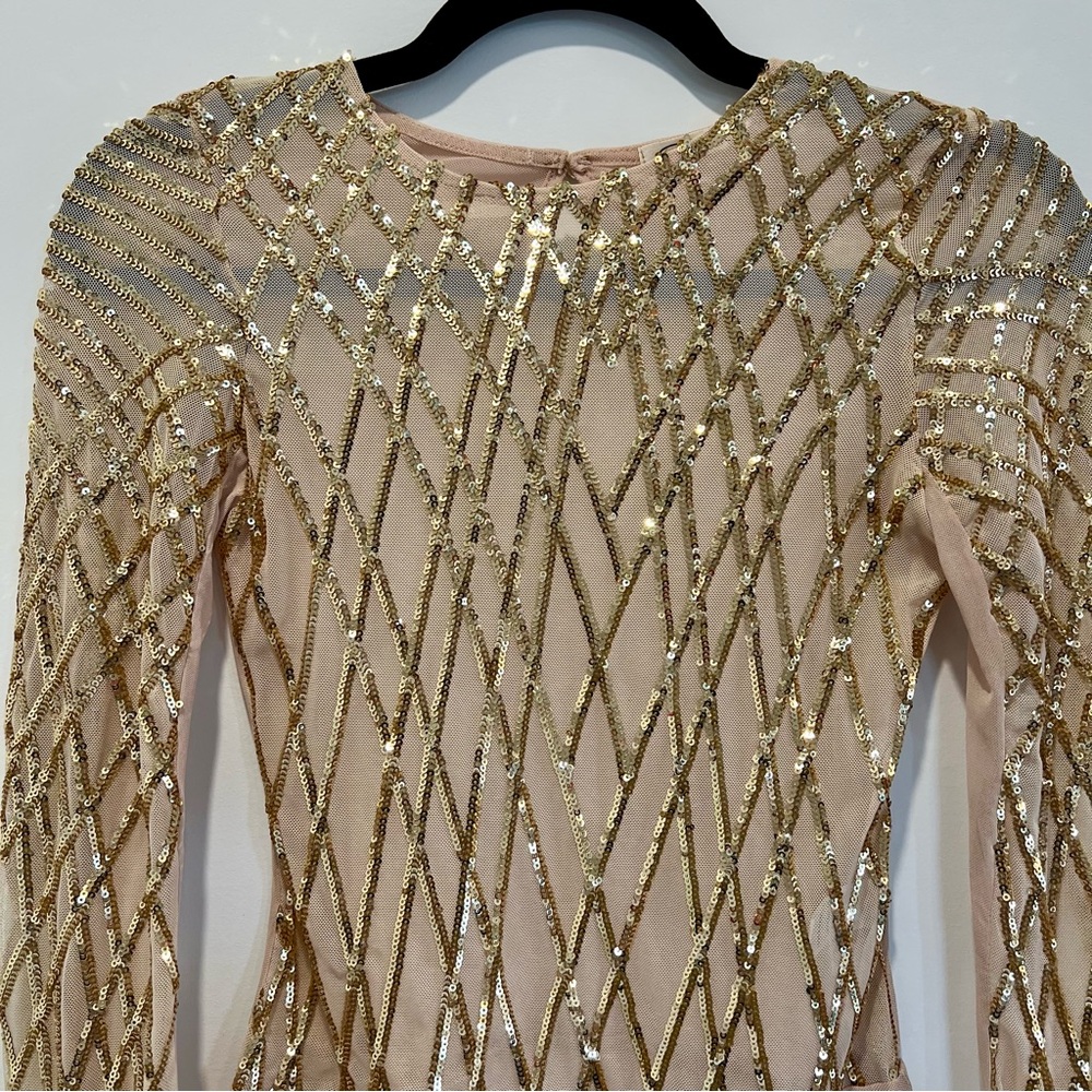✨NWOT Carmin nude mesh and gold sequin bodysuit Small - Picture 2 of 10